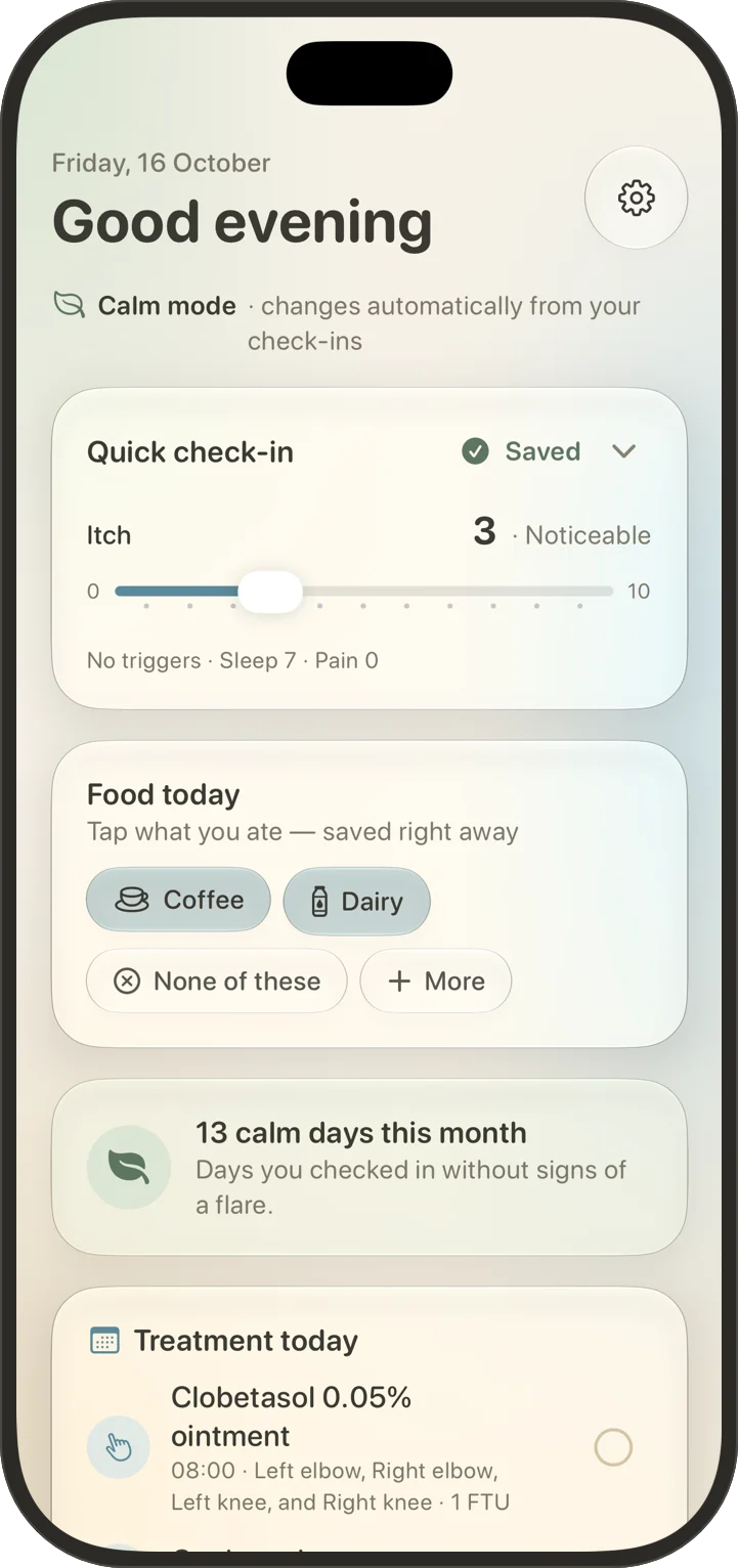 MySkin Today screen: a quick check-in with itch at 3 out of 10, food logged today and 13 calm days this month.